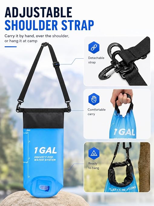 Gravity Water Filter System, TPU Water Purifier Bag, 0.01 Micron Ultrafiltration, 4000L Lifespan, BPA-Free Portable Water Filtration for Camping, Backpacking, Survival Gear (1 Gallon)