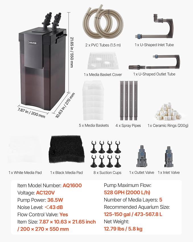 VEVOR 528GPH Canister Filter, 5-Stage External Aquarium Filter with Powerful Pump, Water Circulation Cleaning Machine with Media for Large Fish Tanks and Aquariums Up to 150 Gallons, for Freshwater