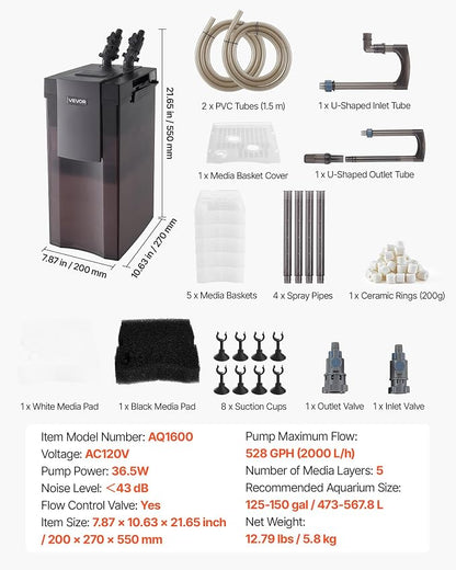 VEVOR 528GPH Canister Filter, 5-Stage External Aquarium Filter with Powerful Pump, Water Circulation Cleaning Machine with Media for Large Fish Tanks and Aquariums Up to 150 Gallons, for Freshwater