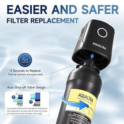 AQUALTRA USF02-BKF Under Sink Filter System, 20K Gal with Faucet, NSF/ANSI/CAN 372 Certified, Reduce PFOA, PFOS, Chlorine, Lead, Mercury, Chloramine, Fluoride, Microplastic Particles, Bad Taste & Odor