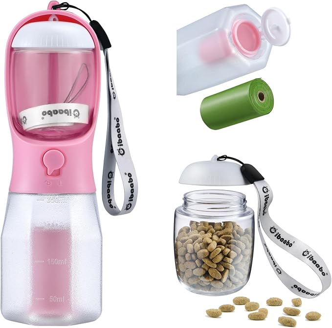 Cibaabo Dog Water Bottle with Food Container & Poop Bag Holder & Filter | Travel Water Bowl, Portable Pet Dispenser, Girl Dog Accessories Gift for Walking Hiking