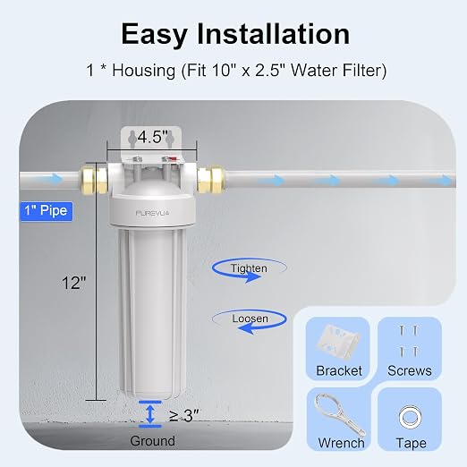 PFW10 Whole House Water Filter Housing, Fits 10” x 2.5” Big Filters, Inline Pre-Filtration System for RV, Home Well and City Water Sediment etc with 3/4" NPT Port, Pressure Relief Valve