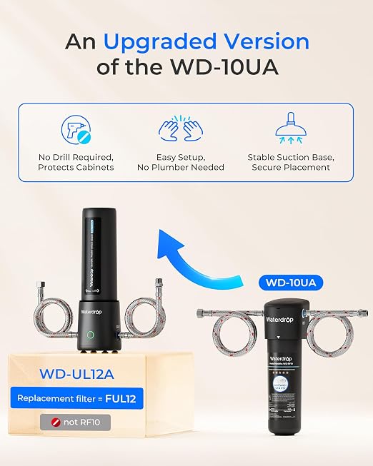 Waterdrop UL12A Under Sink Water Filter, Upgraded for 10UA, Time Reminder | No Drill Required for Renters, Easy Installation, Reduces Chlorine, Bad Taste & Odor, NSF/ANSI 42 Certified (Filter: FUL12)