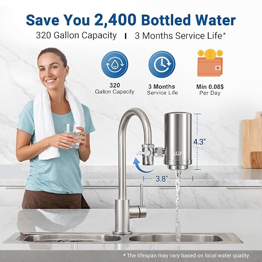 LCF 360° Rotating Stainless-Steel Faucet Water Filter, 320-Gallon | High Flow, Mineral-Enhanced Tap Water Filter, Reduces Chlorine, Heavy Metals and Bad Taste, Easy Install, Kitchen Sink Ideal
