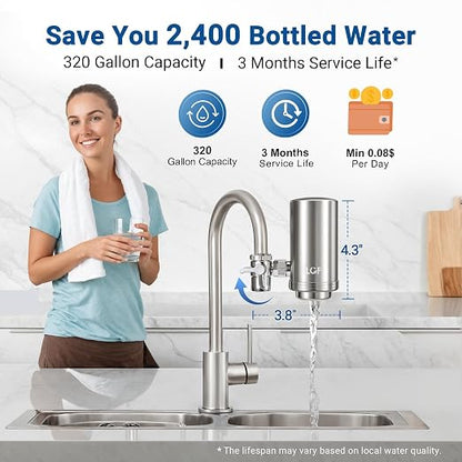 LCF 360° Rotating Stainless-Steel Faucet Water Filter, 320-Gallon | High Flow, Mineral-Enhanced Tap Water Filter, Reduces Chlorine, Heavy Metals and Bad Taste, Easy Install, Kitchen Sink Ideal