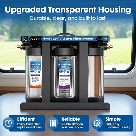 RV Water Filter System,0.01 Micron Camper Water Filter System, 5-Stage RV Water Filtration System Reduces Sediments, Chlorine, Vocs, Heavy Metals, Odors for Travel Trailers, Boats, 1" Inlet/Outlet