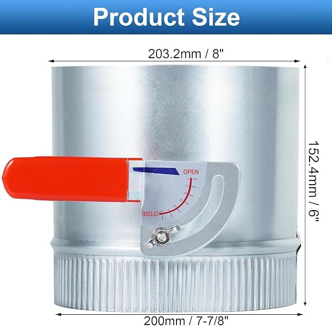 TOP-VIGOR 8 Inch HVAC Duct Manual Volume Backdraft Damper, Galvanized Iron Airflow Control for HVAC, Range Hoods, Fans, Pellet Stove Pipes, Dryer Vents, Adjustable Volume Damper with Sleeve (1 Pc)