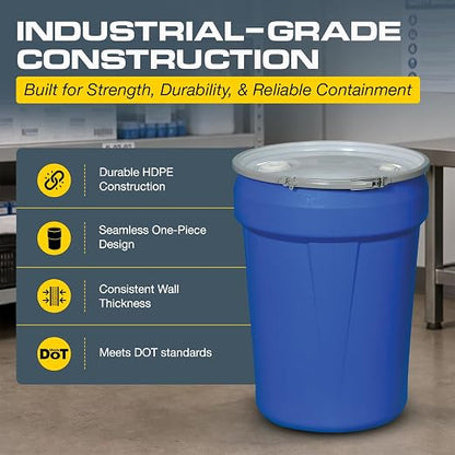 Eagle Plastic Drum, 30 Gallon Drum, DOT Compliant, Made in USA, Blue | High-Density-Polyethylene, Open Head Lab Pack Drum, Metal Lever-Lock with Bung Lid, Hazardous Material Storage, Transport