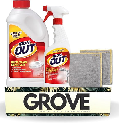Iron Out Rust Remover Spray 16 oz + 28 oz Powder Bundle with Microfiber Cloth - Rust Stain Remover - Hard Water Toilet Stain Cleaner - Dissolves Rust on Tubs, Sinks, and Showers - (4 Items)