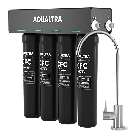 AQUALTRA USF-4F-15 Under Sink Water Filter System, Commercial 80K Gal with Faucet, Reduce PFOA, PFOS, Chlorine, Lead, Mercury, Chloramine, Fluoride, Microplastics Particles, Bad Taste & Odor