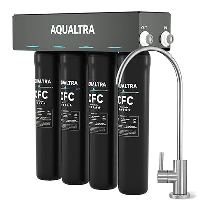 AQUALTRA USF-4F-15 Under Sink Water Filter System, Commercial 80K Gal with Faucet, Reduce PFOA, PFOS, Chlorine, Lead, Mercury, Chloramine, Fluoride, Microplastics Particles, Bad Taste & Odor