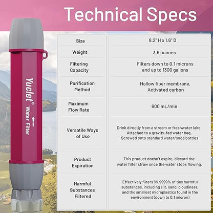 YWF01 Personal Filter Straw for Drinking Survival, Portable Water Purifier Filtration System Survival Gear and Supplies for Camping, Hiking, Travel, and Emergency Preparedness (Plum Red, Pack of 2)