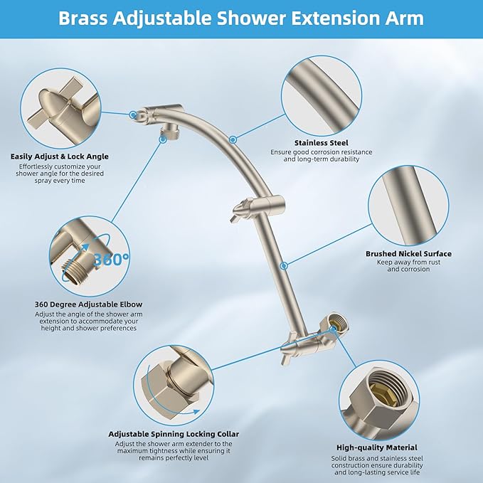 Hibbent All Metal cUPC Certified Rain Shower Head, 12'' High Pressure Rainfall Showerhead with 16" Shower Head Extension Arm, Brass Adjustable Shower Arm Extender, fixed Showerheads, Brushed Nickel