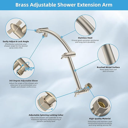 Hibbent All Metal cUPC Certified Rain Shower Head, 12'' High Pressure Rainfall Showerhead with 16" Shower Head Extension Arm, Brass Adjustable Shower Arm Extender, fixed Showerheads, Brushed Nickel
