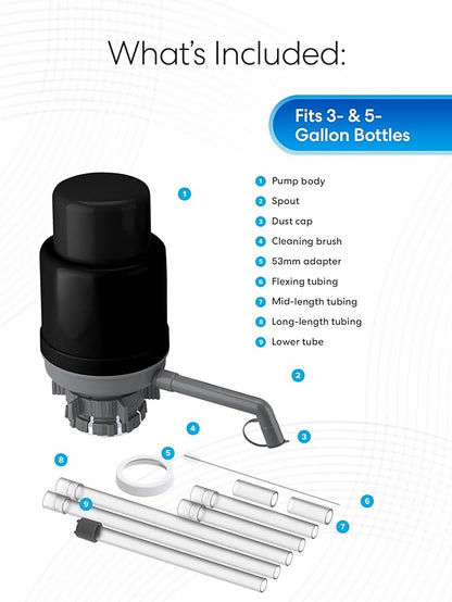 Brio Universal Water Bottle Pump | Manual Water Pump 1-5 Gallon Water Jug Dispenser for Camping Picnics and More! | 48mm & 55mm - (Multiple Color Options)