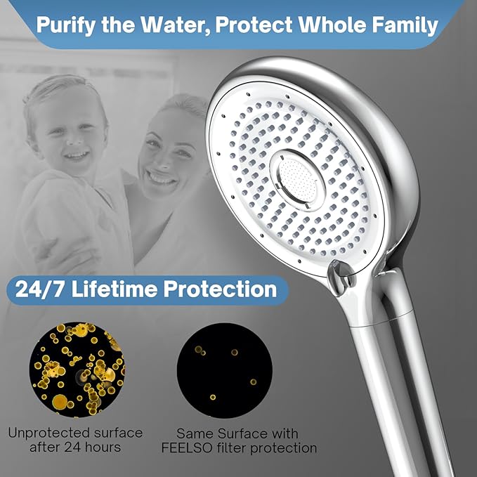 FEELSO Filtered Shower Head with Handheld, High Pressure 6 Spray Mode Showerhead with Filter, 15 Stages Water Softener Filters Beads for Hard Water-Remove Chlorine, Reduce Dry Itchy Skin, Extra Filter