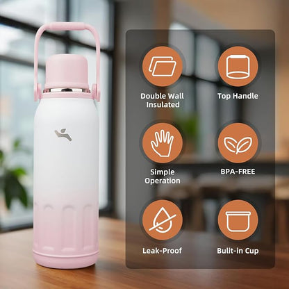 Konokyo Insulated Water Bottle with Handle and Strap,Vacuum Travel Tumbler with Cup Lid,Thermo Coffee Cup for Hot Cold Drinks 50 OZ,Pink Pearl