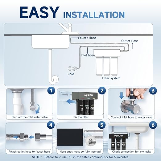 AQUALTRA USF-3B-15 Slightly Alkaline Under Sink Water Filter System, 8K-40K Gal, Reduce PFOA, PFOS, Chlorine, Lead, Mercury, Chloramine, Fluoride, Microplastics Particles, Bad Taste & Odor