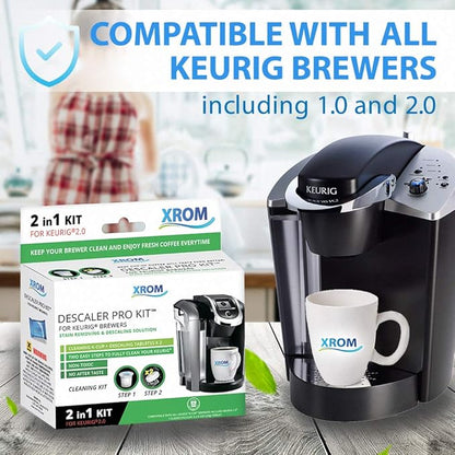 XROM Plant Based Descaling & Cleaning Kit, Compatible With All K-Cup Keurig 2.0 Brewers, All Natural Ingredients, Rinse Pods, Descaler Solution For Keurig Coffee Makers< 2 Uses.