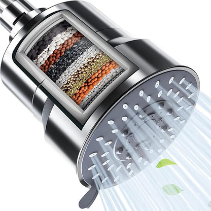 Filtered Shower Head, 5 Modes High Pressure Shower Head with 15 Stage Hard Water Filter Cartridge for Remove Chlorine and Harmful Substances