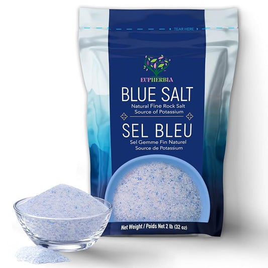 EUPHERBIA Blue Salt, Fine Grind, Rare Mineral Salt, High Potassium, Lower Sodium, Natural, Unprocessed, Hand Harvested, Kosher Certified (2lb Fine Grind)