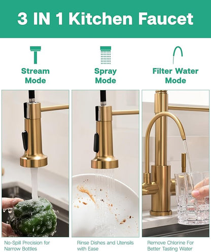 GIMILI 3 in 1 Kitchen Faucet with Pull Down Sprayer Brushed Gold Two Handle Kitchen Sink Faucet with Under Sink Water Filter System Reduces PFAS, PFOA/PFOS, Lead, Chlorine, Bad Taste & Odor