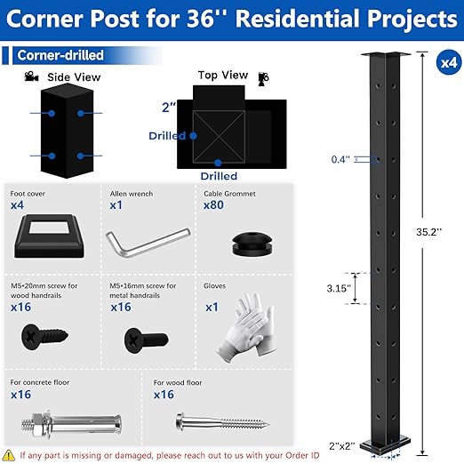 4Pack 36" T304 L-drilled Cable Railing Corner Post(Post 35"x2"x2"), Modular Wire Railing Post with Cable Grommets, Fixed Top Mount Stainless Steel Black Finish Deck Staircase Post