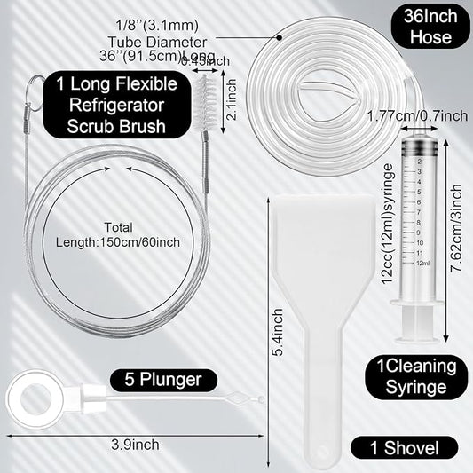 Gisafai 9 Pcs 36 Inch Refrigerator Cleaning Kit Fridge Drain Cleaning Tool Including 1 Syringe Hose 5 Plunger 1 Shovel 1 Long Flexible Refrigerator Scrub Brush for Ice Maker Dispenser