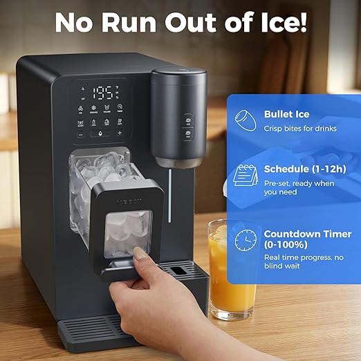 3-in-1 Water Dispenser with Ice Maker - Coffee Maker Countertop Bullet Ice Maker with 12H Timer, Hot/Cold/Warm Adjustable Volume Water, K-Cup® Ground Coffee Brewer for Home Office Studio Gift