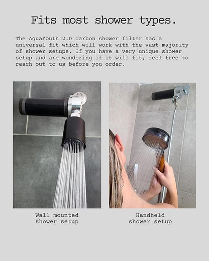 AQUAYOUTH 2.0 Carbon Shower Head Filter System | Removes Chlorine, Heavy Metals, And More | Great For Dry Skin/ Hair, And More | NSF Certified