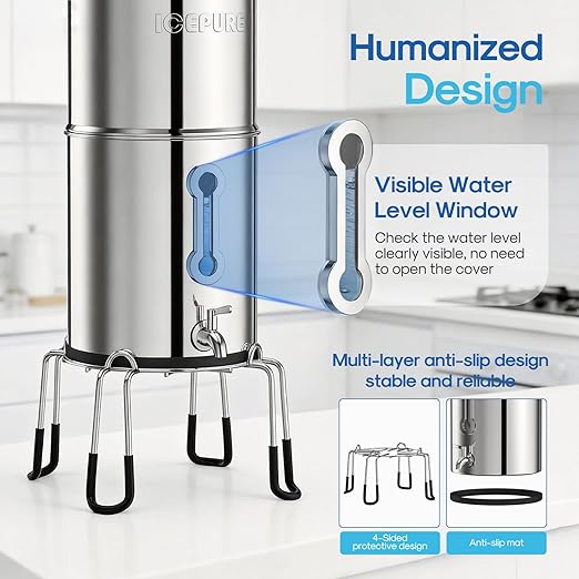 ICEPURE 3G Gravity Water Filter System with Water Level Window, Multi-Stage Filter, Stainless Steel Countertop Gravity fed Filtration with 4 Filters and Stand Reduce Microplastics, Lead & Total PFAS