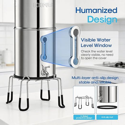 ICEPURE 3-Stage Gravity Water Filter System with Water Level Window, 304 Stainless Steel Countertop Gravity-fed Water Filtration System with 3 Filters and 1 Stand, Reduce 99% Chlorine 3G High Capacity