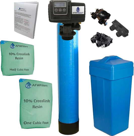 AFWFilters 1.5 Cubic Foot (48k) Whole Home Water Softener with Durable 10% Crosslink Resin, 3/4" Plastic MNPT Connection, and Blue Tanks
