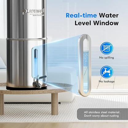 Purewell 2.25G Gravity Water Filter System with Water Level Window, 8-Stage Stainless Steel Countertop System with 4 Filters and Stand, Reduce Fluoride and Chlorine, PW-KST-CF