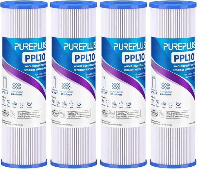 PUREPLUS 20 Micron 10"x2.5" Whole House Pleated Sediment Filter for Well Water, Replacement Cartridge for Universal 10 inch RO System, W50PE, WFPFC3002, SPC-25-1050, FM-50-975, 801-50, WB-50W, 4Pack