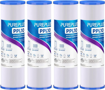PUREPLUS 20 Micron 10"x2.5" Whole House Pleated Sediment Filter for Well Water, Replacement Cartridge for Universal 10 inch RO System, W50PE, WFPFC3002, SPC-25-1050, FM-50-975, 801-50, WB-50W, 4Pack