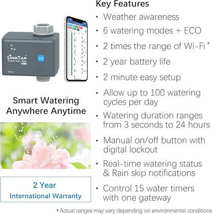 LinkTap G1S Wireless Water Timer & Gateway - Smart Sprinkler Timer with App, Remote Irrigation for Garden, Weather Aware, Greater Range Than WiFi, Anti-Freeze Protection, 2 Year Battery Life, IP66