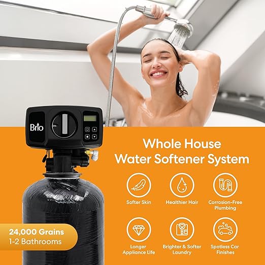 Brio WSFS1668 Whole House Water Softener System, 1-2 Bathrooms, 24,000 Grains, 6-7 GPM, 8" x 44" Resin Tank, High-Efficiency Valve Head, Fully Compatible w/Existing Water Filtration System