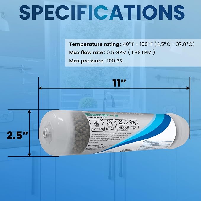 Metpure Elements Inline Antioxidant Alkaline Water Filter 11" x 2.5" with 1/4" Quick Connects Replacement or Add-on for pH Balance and Restore Minerals in Reverse Osmosis RO System