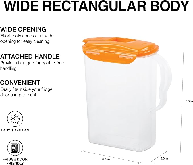LocknLock Aqua Fridge Door Water Jug | Clear Pitcher | BPA Free Plastic Pitcher with Lid | 3 Quart Pitcher with Lid for Water, Juice, Tea & More Beverages, Orange