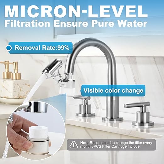 Sink Water Filter Faucet, 360 ° Rotating Kitchen Faucet Water Purifier, Bathroom Faucet Filter Removes Chlorine Fluoride Heavy Metals Hard Water for Home, Kitchen & Bathroom