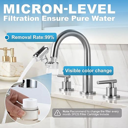 Sink Water Filter Faucet, 360 ° Rotating Kitchen Faucet Water Purifier, Bathroom Faucet Filter Removes Chlorine Fluoride Heavy Metals Hard Water for Home, Kitchen & Bathroom