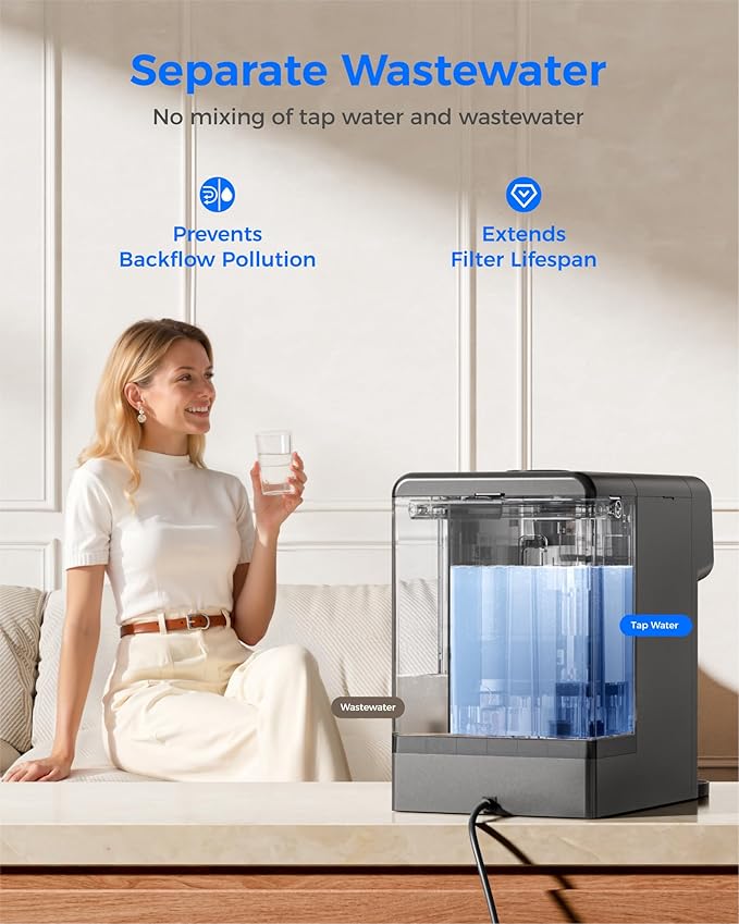 Waterdrop M6H Instant Hot Reverse Osmosis System Countertop Water Filter, 7-Stage, 3:1 Pure to Drain, Hot Water Dispenser with 5 Temperature Options, RO System with Glass Pitcher, BPA-Free