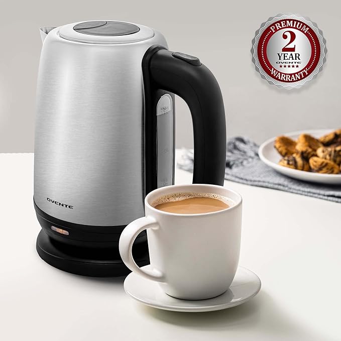 OVENTE Electric Tea Kettle Stainless Steel 1.7 Liter Portable Instant Water Boiler Heater 1100W Power Fast Boiling with Cordless Body and Automatic Shut Off for Coffee Milk Chocolate Silver KS27S