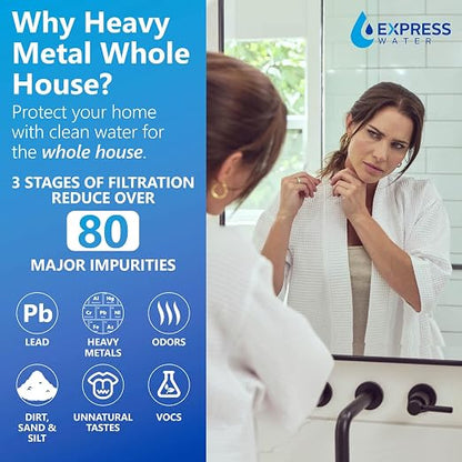 Express Water Whole House Water Filter System for Heavy Metals, 3 Stage Water Purifier Whole Home, KDF Heavy Metal Filter Targets Lead, Arsenic, Chromium, with Stainless Steel Frame & Pressure Gauges