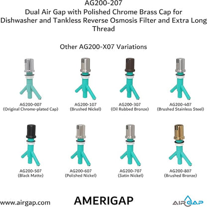Dual Air Gap with Polished Chrome Brass Cap for Dishwasher and Tankless Reverse Osmosis Filter and Extra Long Thread (AG200-207, AG200-X07, AMERIGAP)
