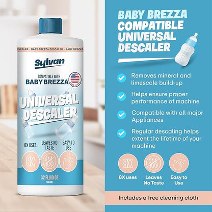 Descaler Compatible with Baby Brezza Machines | 32 Oz | 12 Month Supply | US Made | Free Cleaning Cloth | Descaling Solution Compatible with Baby Appliances | Cleans & Descales