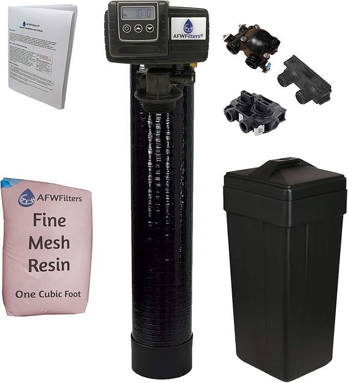 AFWFilters 1 Cubic Foot (32k) Whole Home Iron Pro Water Softener with Fine Mesh Resin, 3/4" Plastic MNPT Connection, and Black Tanks