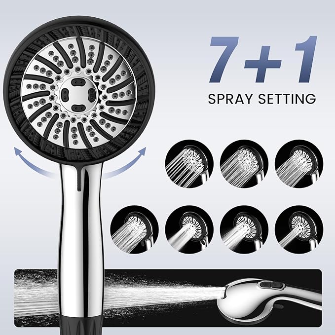PWERAN High Pressure Shower Head with Handheld, Filtered Shower Head with 8 Mode, Water Softener Anti-clog Nozzles, Built-in Power Wash, Stainless Steel Hose,Overhead Brackets