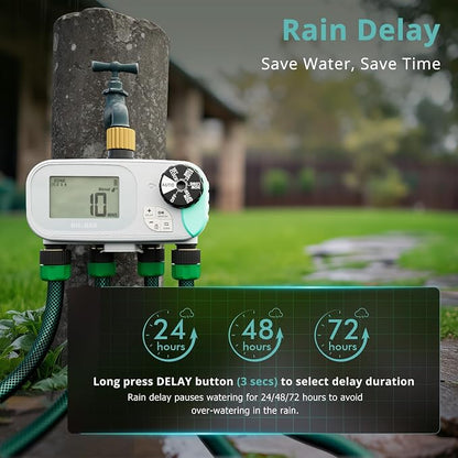 QUOBAS Sprinkler Timer for Garden Hose, Programmable Brass Water Timer | 4 Zone Hose Timer with Child Lock for Drip Irrigation, Pool, with Rain Delay/Auto/Manual, Waterproof Screen & Battery Powered